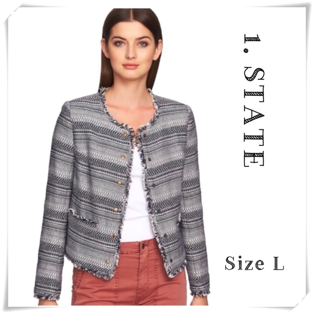 1.STATE Rustic Fringe Stripe Tweed Jacket Blue / White 51323